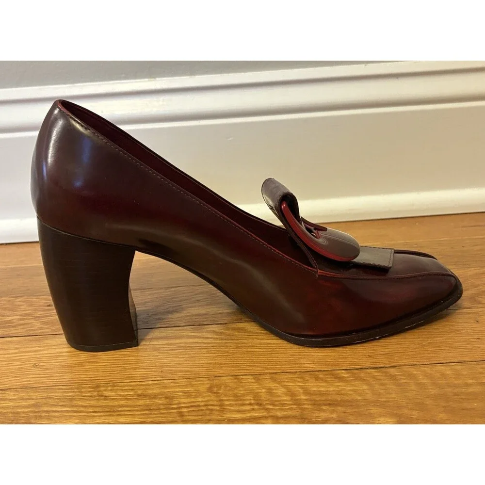 Tory Burch Burgundy Buckle Loafers Curved Block Heels Wild Berry Leather 10 - Picture 9 of 16